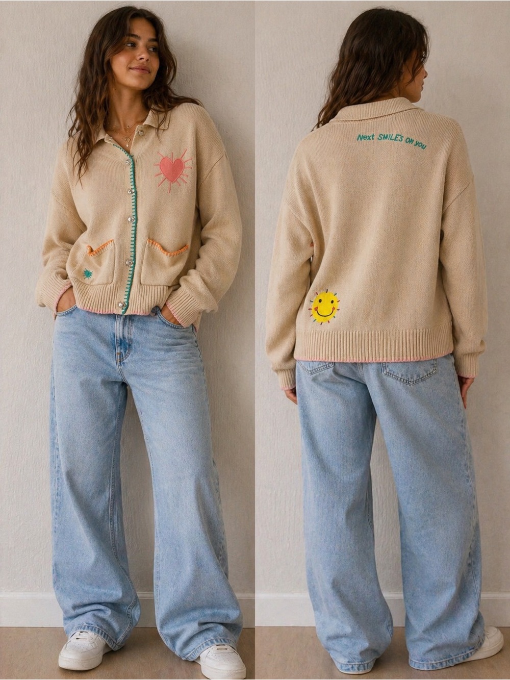Beige Embroidered Button-Up Cardigan Sweater